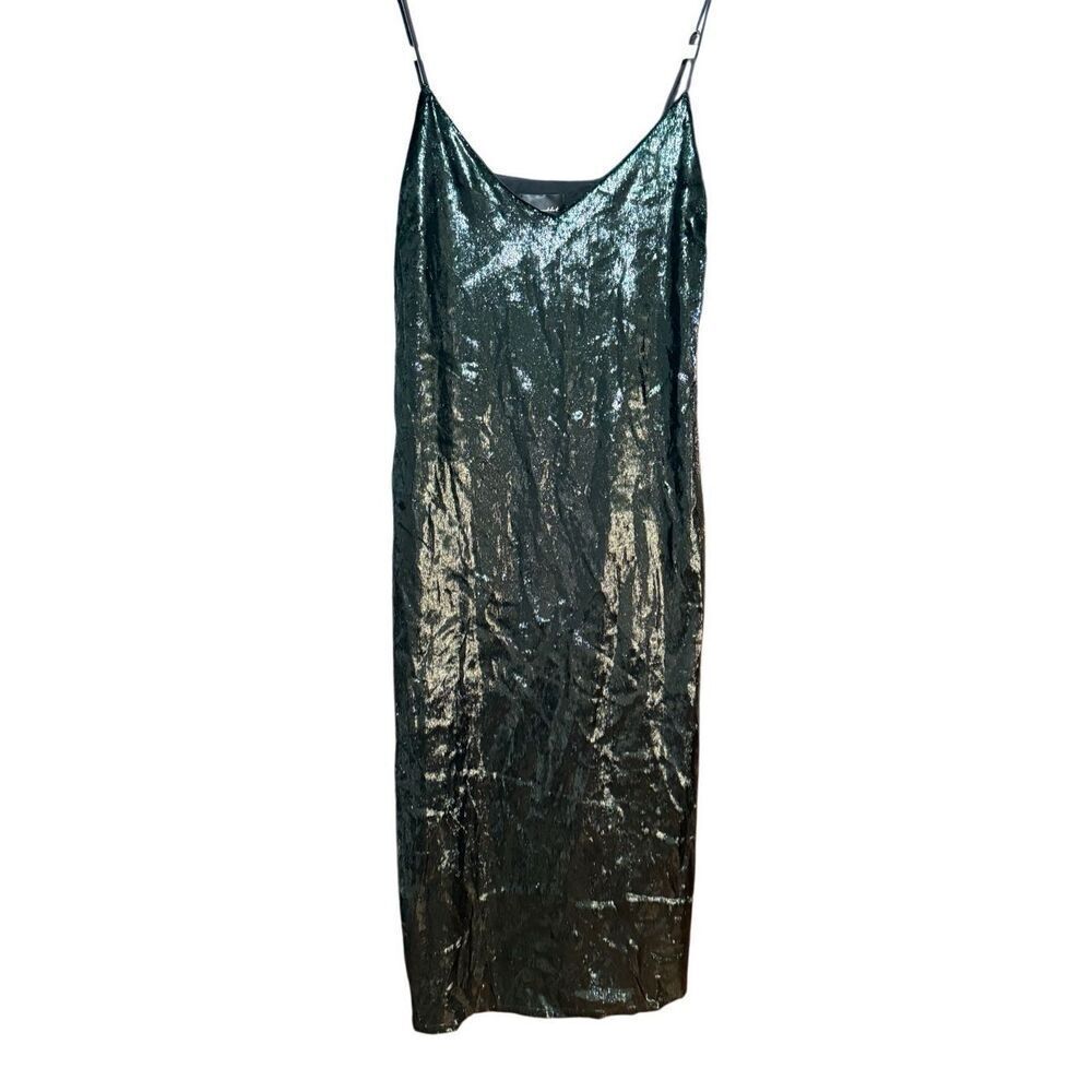 Line and Dot Soft Emerald Green Strappy Velvety Foil Midi Slip Dress Sz L